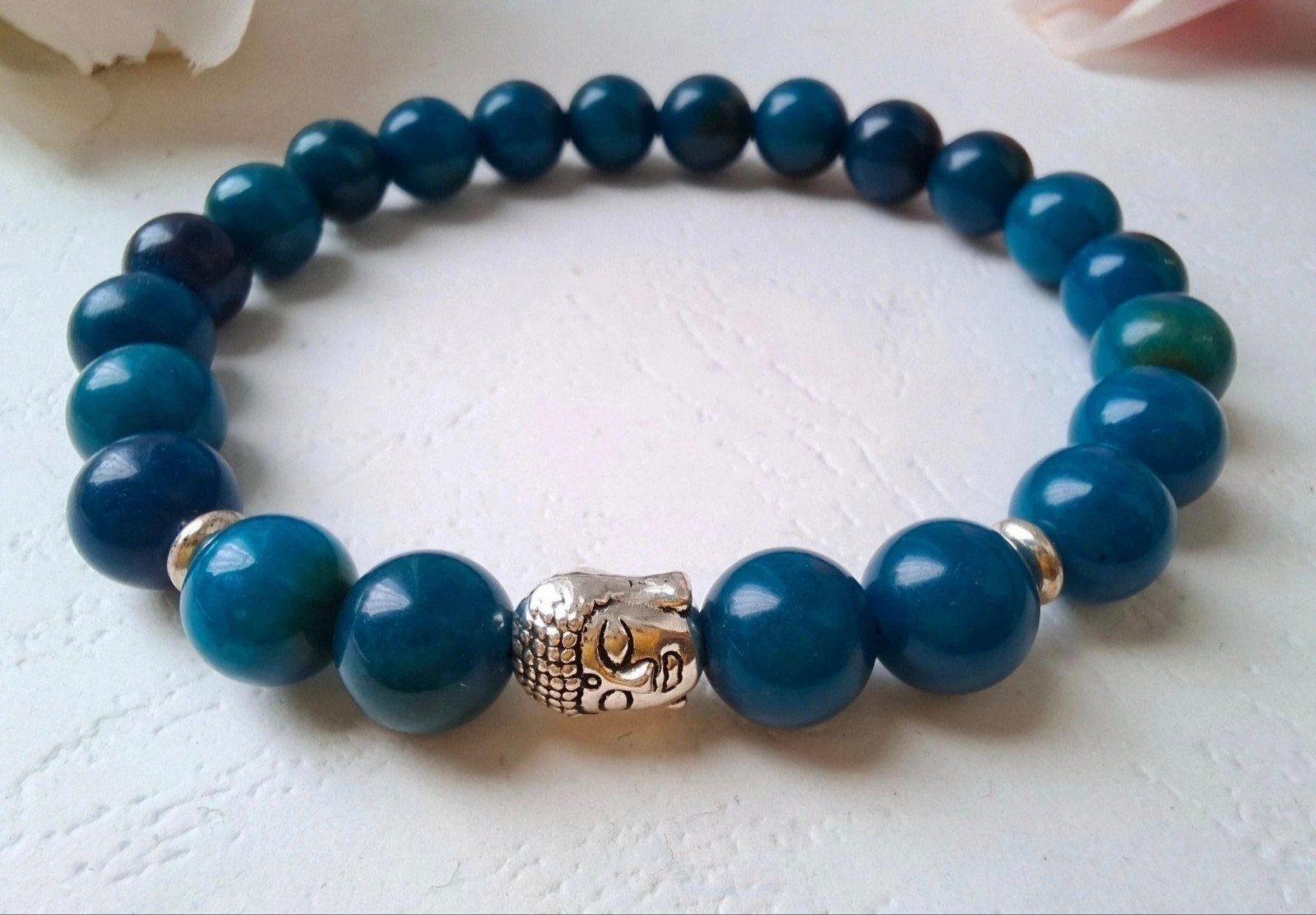 Armband buddha 8 mm natuursteen kralen zilver blauw boeddha, Met bedels of kralen, -, Blauw, -