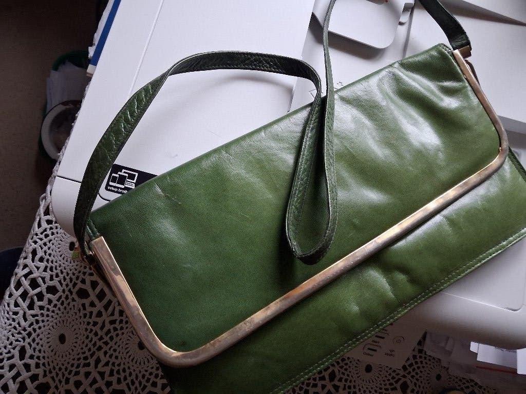 damestas vintage groen leer merk Herma lange draagriem, Ophalen of Verzenden, Zo goed als nieuw, Groen, Handtas