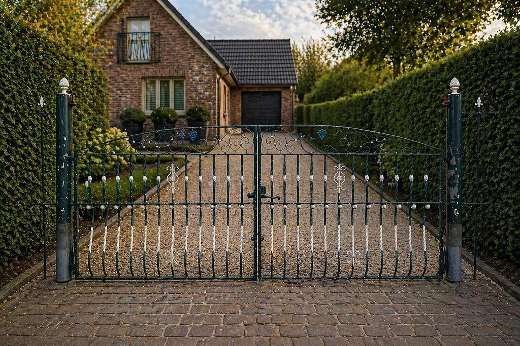 Unieke Franse smeedijzeren poort met zware palen, Ophalen, Zo goed als nieuw, IJzer, Sierhekwerk