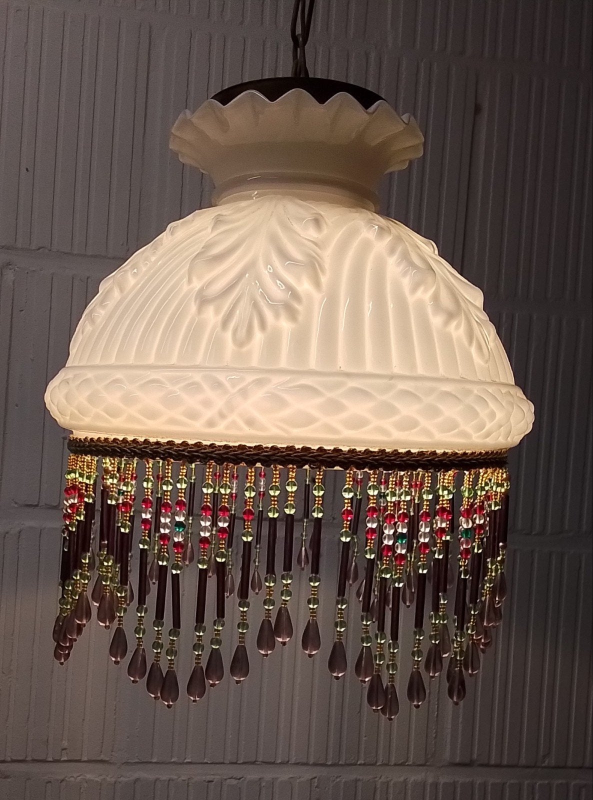 Vintage Opale Glazen Hanglamp met Kralen, Antiek en Kunst, Ophalen of Verzenden