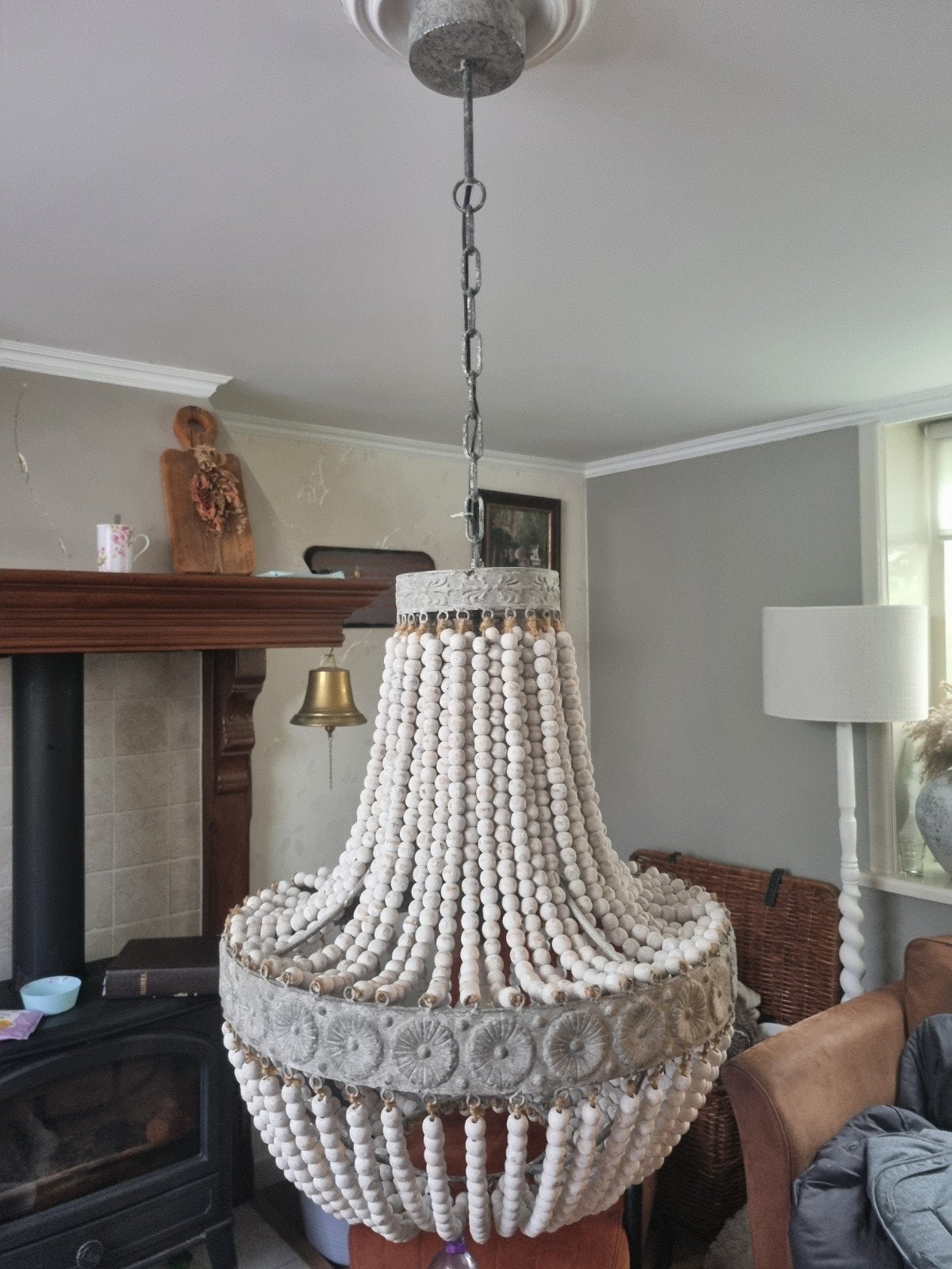Bohemian Houten Kralen Kroonluchter - Wit/Grijs, Huis en Inrichting, Bohemian, Landelijk, Vintage, Hout, Zo goed als nieuw, E27 (groot)