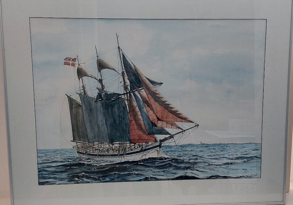 Aquarel zeilschip, Antiek en Kunst, Ophalen, Maritiem / water, Realistisch, Gedateerd