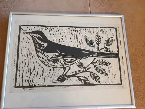 Houtsnede op rijstpapier Lijster gesigneerd., Ophalen