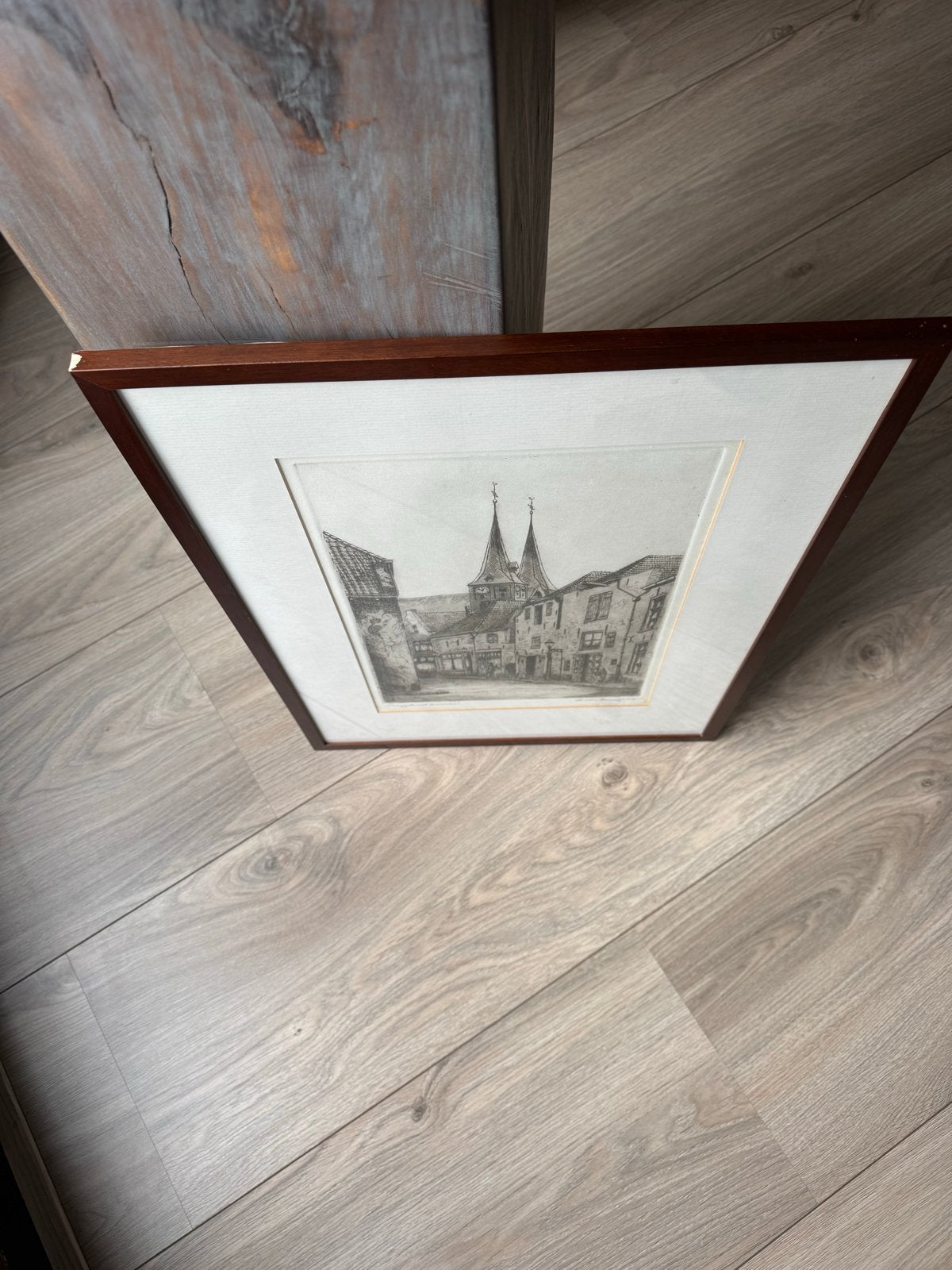 Ets Roggestraat Deventer Cornelis Marinus van der Woerd, Antiek en Kunst, Ophalen, Ingelijst, Ets, Stadsgezicht