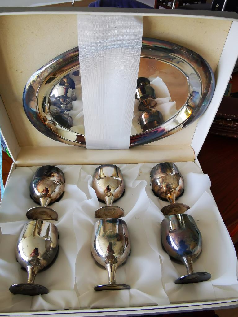 Vintage Verzilverde drinkset Likeurset kelk Brandy Dienblad, Ophalen of Verzenden