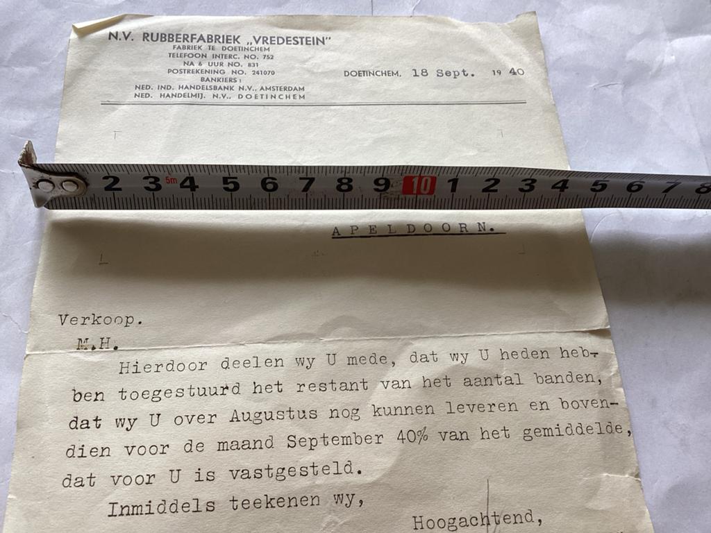 Vredestein Rubberfabriek brief 1940, Verzamelen, Ophalen of Verzenden