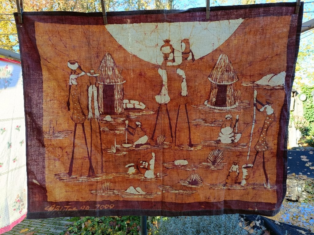 BIJNA GRATIS Afrikaanse voorstelling op batik? stof 96x75 cm, Gebruikt, Overige kleuren, Ophalen of Verzenden, 30 tot 120 cm