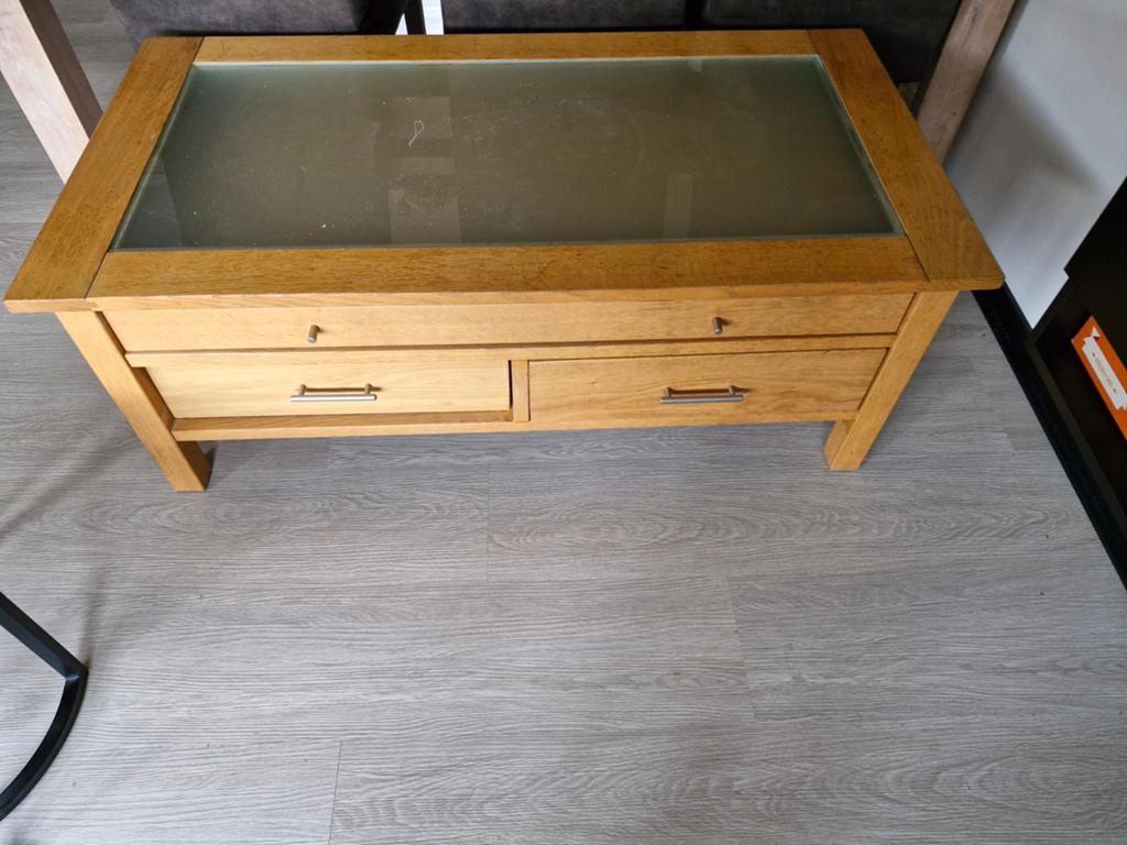 Salontafel met glasplaat en lades - 124x65 cm, Huis en Inrichting, Ophalen, Gebruikt, 100 tot 150 cm, Glas
