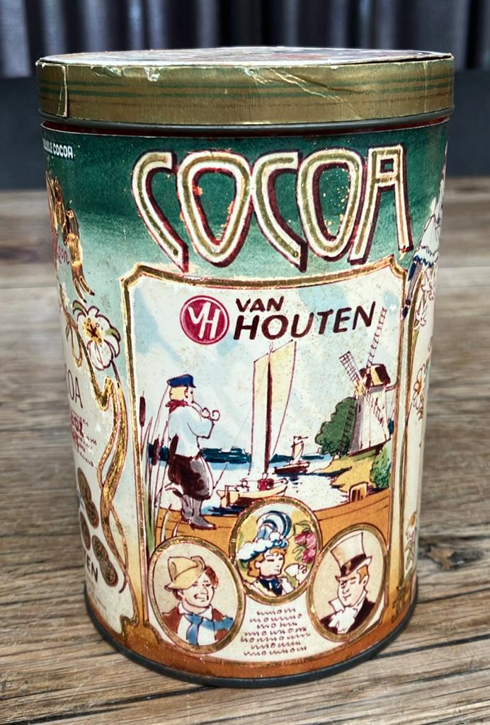 Zeldzaam oud Van Houten Cacao blik met wikkel, Ophalen of Verzenden, Gebruikt, Verpakking