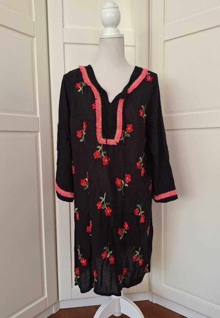 Gipsy hippie ibiza style zwarte floral tuniek mini jurk L/XL, Ophalen of Verzenden, Gedragen, Maat 42/44 (L), Zwart