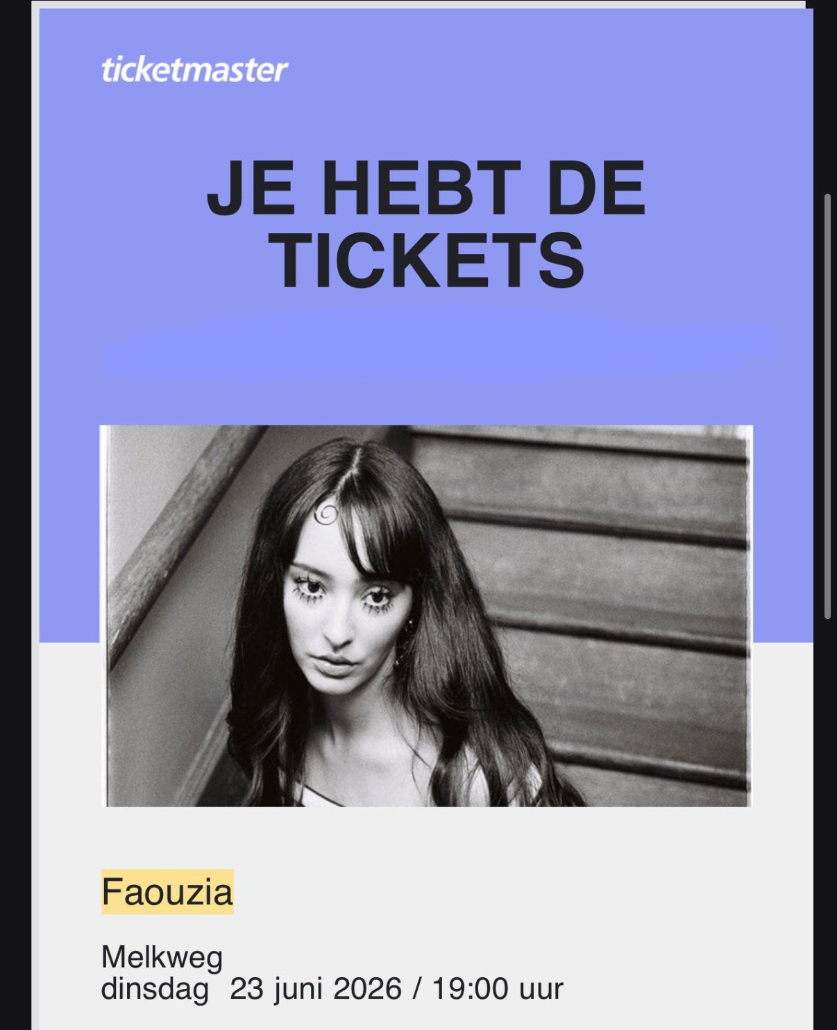 Faouzia melkweg 23 juni 1 ticket, Tickets en Kaartjes, Concerten | Pop, Eén persoon, Juni