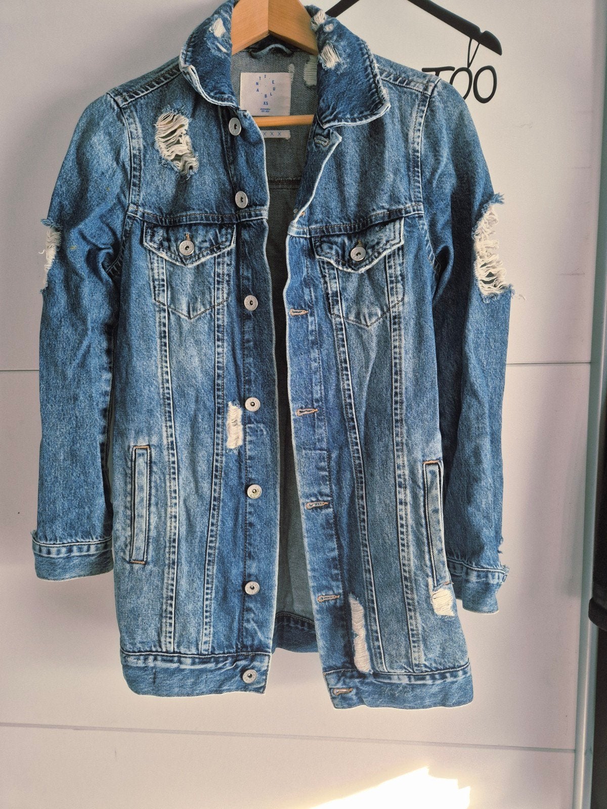 Lange spijkerjas met distressed details, Ophalen of Verzenden, Maat 34 (XS) of kleiner, Gedragen, Primark