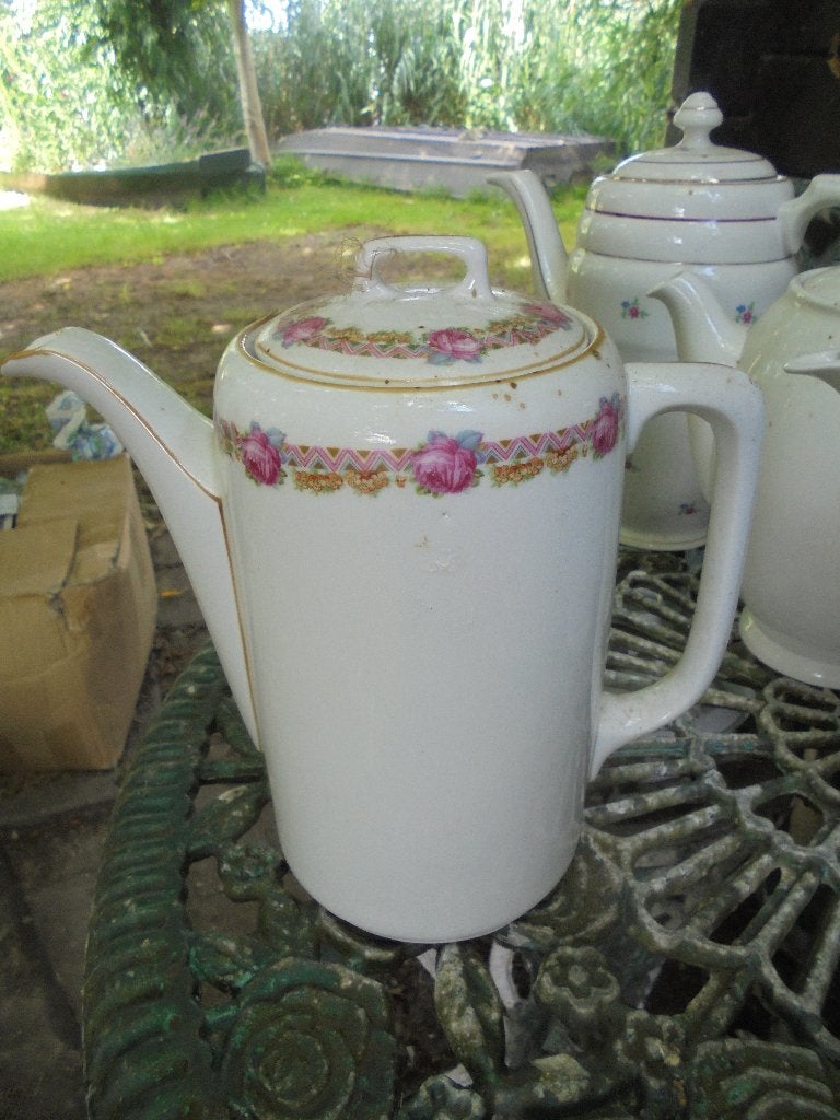 Hoog Model Koffiepot met bloemetjes / roze roosjes rand, Ophalen of Verzenden