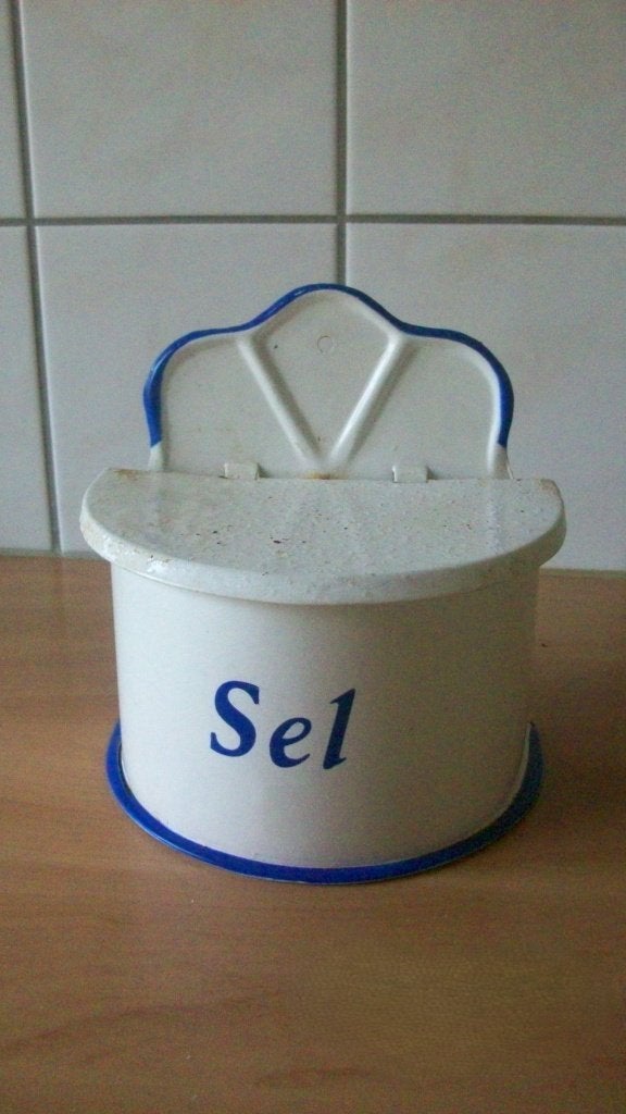 Vintage emaille zoutbak 'Sel' - wit met blauw, Ophalen of Verzenden