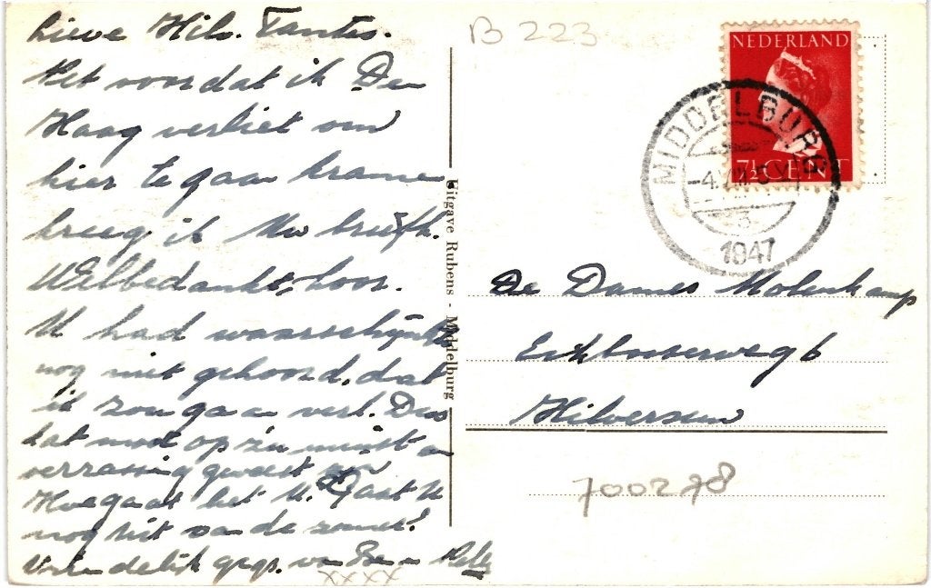 700278	Kerkdienst Zeeland	1947 Stemp Middelburg Klederdracht, Ophalen of Verzenden, 1940 tot 1960, Gelopen, Zeeland