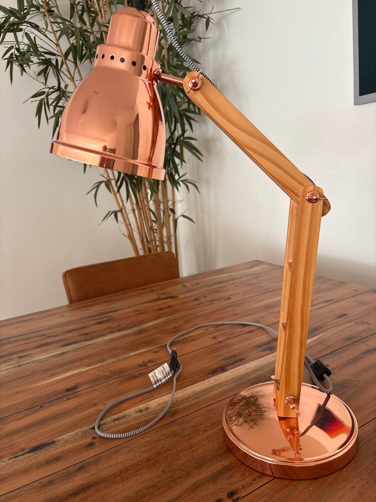 Koperen bureaulamp met houten arm - verstelbaar, Overige merken, Zo goed als nieuw, Overige kleuren, Industrieel
