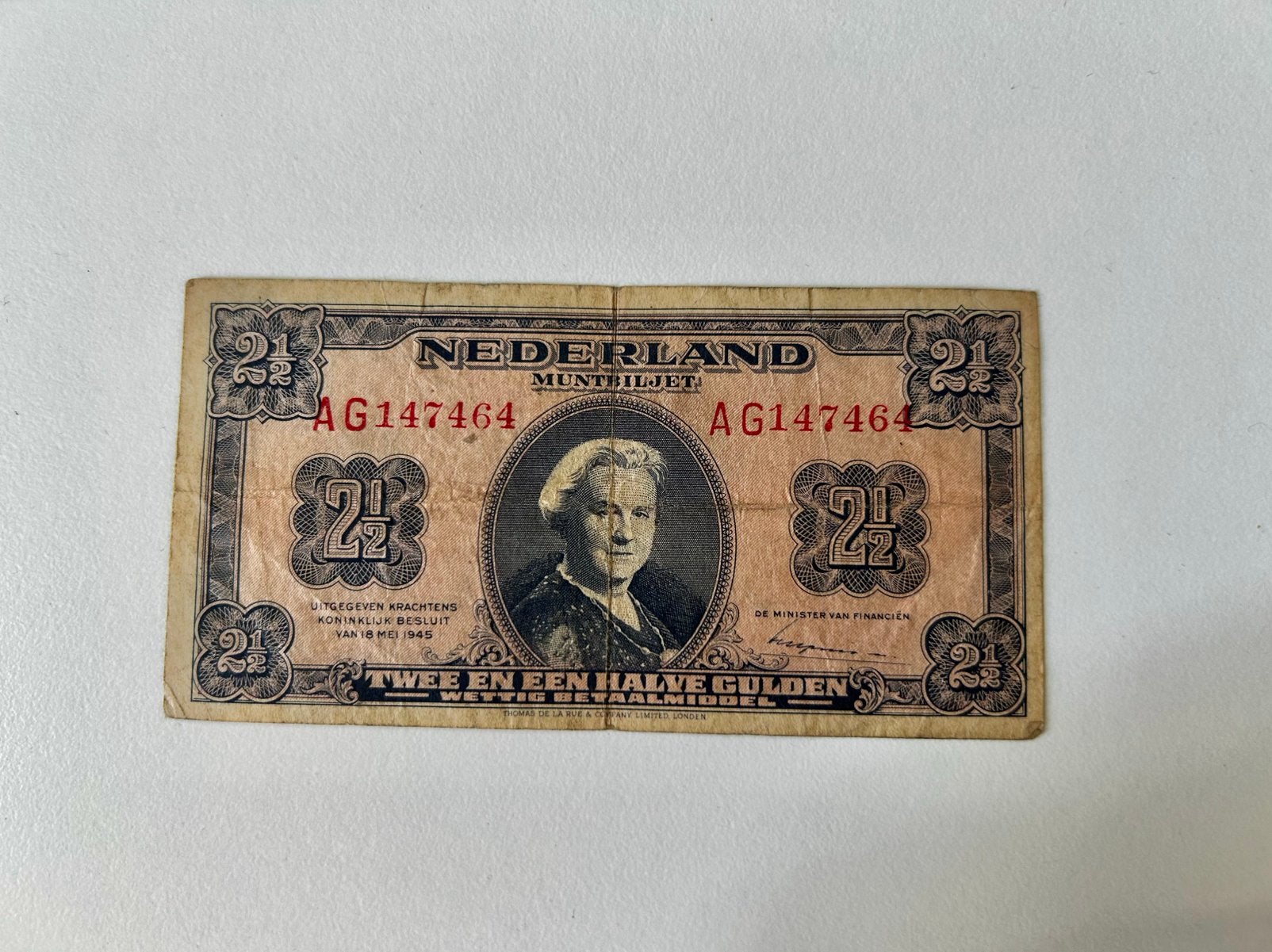 Nederland 2,5 Gulden 1945 Wilhelmina, Ophalen of Verzenden, Overige landen, Los biljet