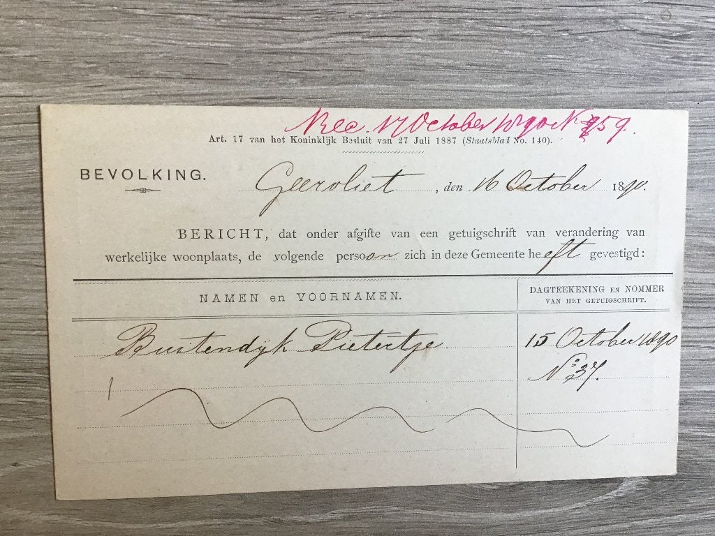 Oud document: Koninklijk Besluit -Bevolking-Geervliet 1890, 19e eeuw, Ophalen of Verzenden, Onbekend, Gelezen