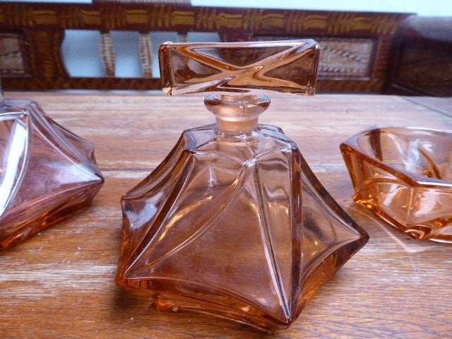 Art deco persglazen 3-delige toilet set, rosaline, Ophalen of Verzenden