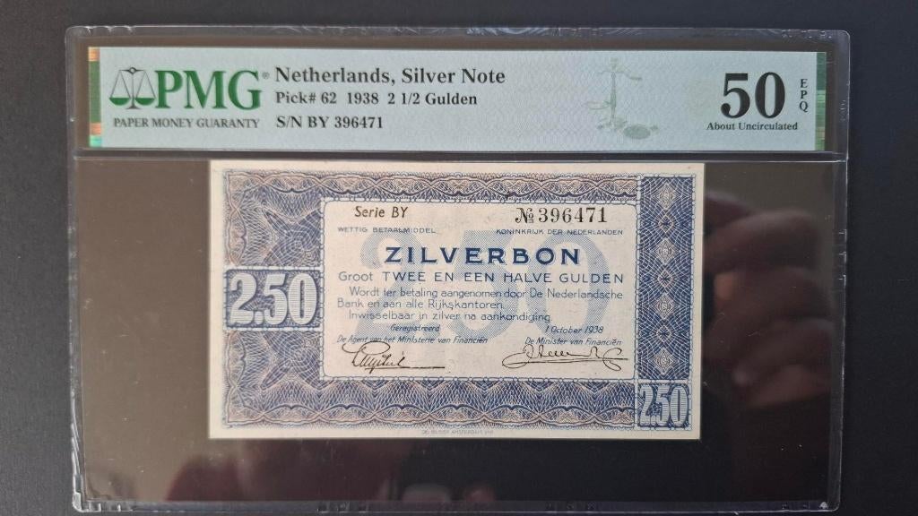 2.5 gulden zilverbon, 1938     PGM 50 EPQ, Ophalen of Verzenden, 2½ gulden, Los biljet