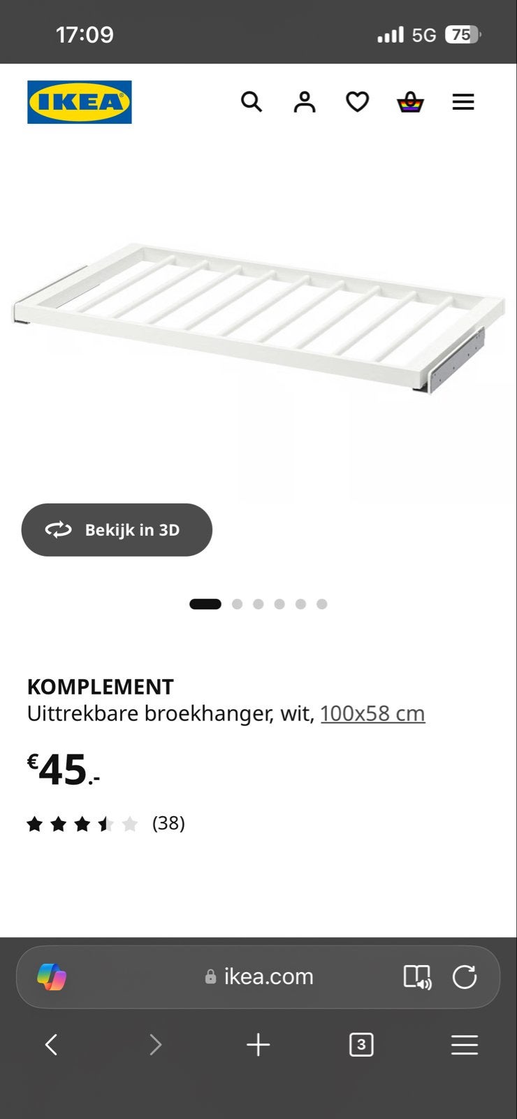 IKEA Komplement uittrekbare broekhanger PAX, wit 100x58 cm, Huis en Inrichting, Ophalen, Nieuw, 50 tot 100 cm, Minder dan 100 cm