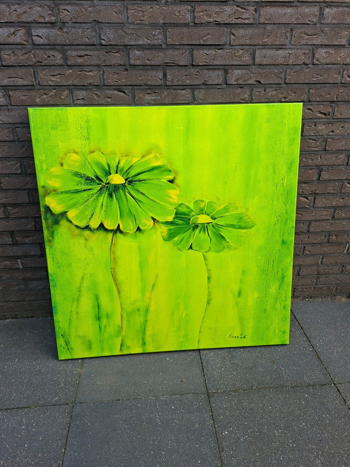 Levendig groen schilderij met 3D bloemen, Ophalen of Verzenden