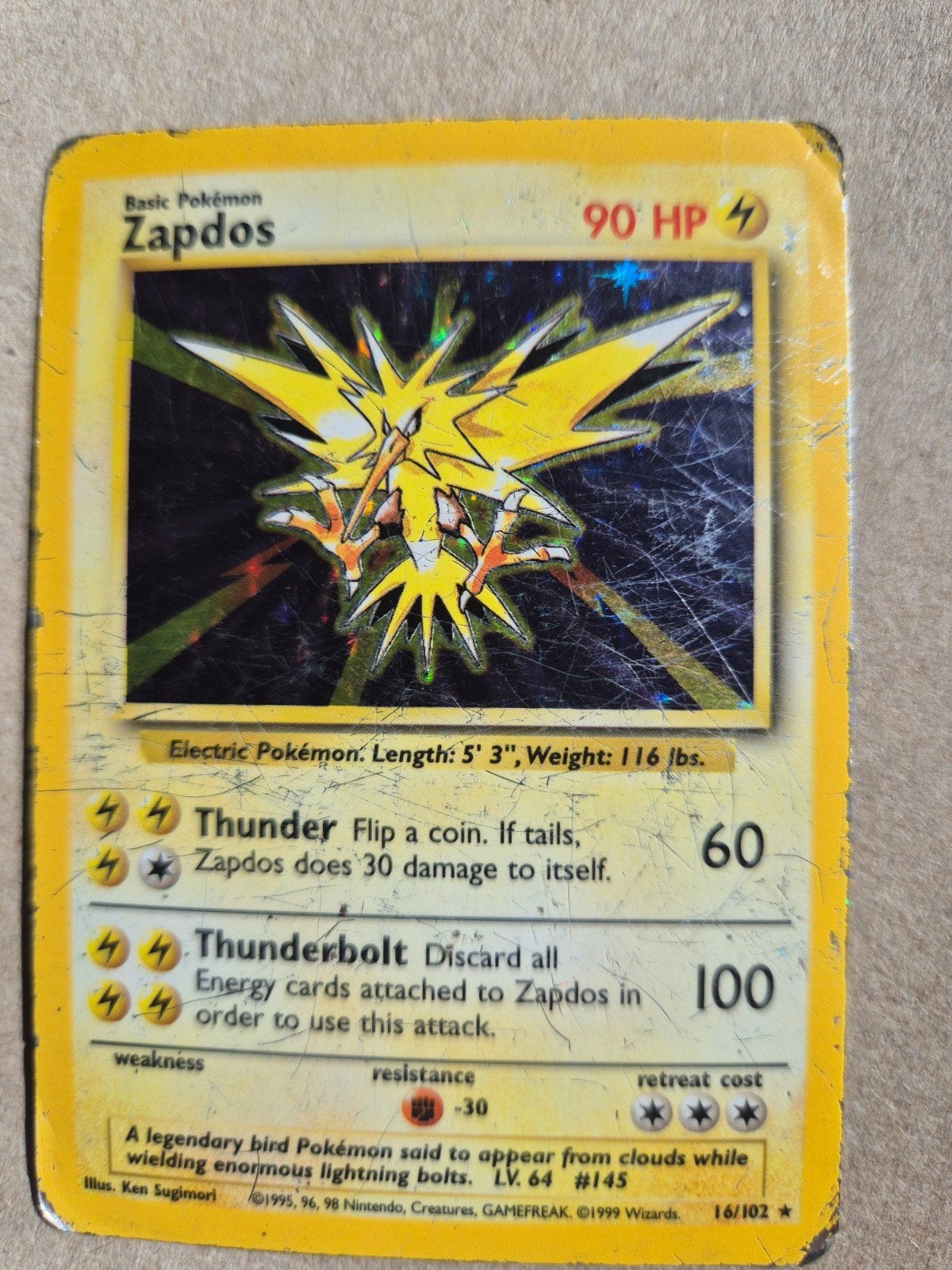 Pokémon Zapdos 16/102 Holo Base Set WOTC Kaart, Ophalen of Verzenden