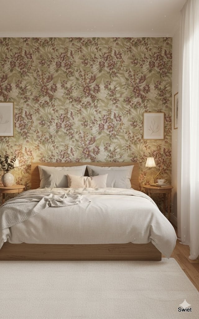 14236 saliegroen bloemenbehang dusty mauve accents swiet, Ophalen of Verzenden