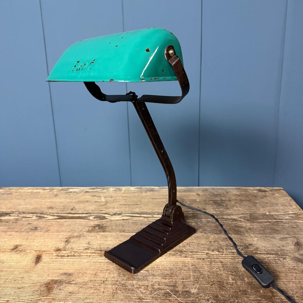 Oude Erpé bankierslamp tafellamp met turquoise emaille kap, Ophalen of Verzenden