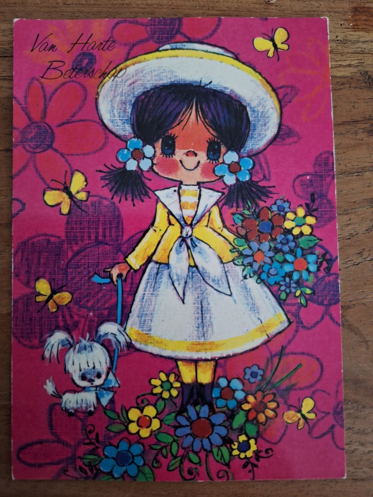 vintage kinder wenskaart, "big eyes" stijl - meisje met hond, Ophalen of Verzenden, 1980 tot heden, Gelopen, Kinderen