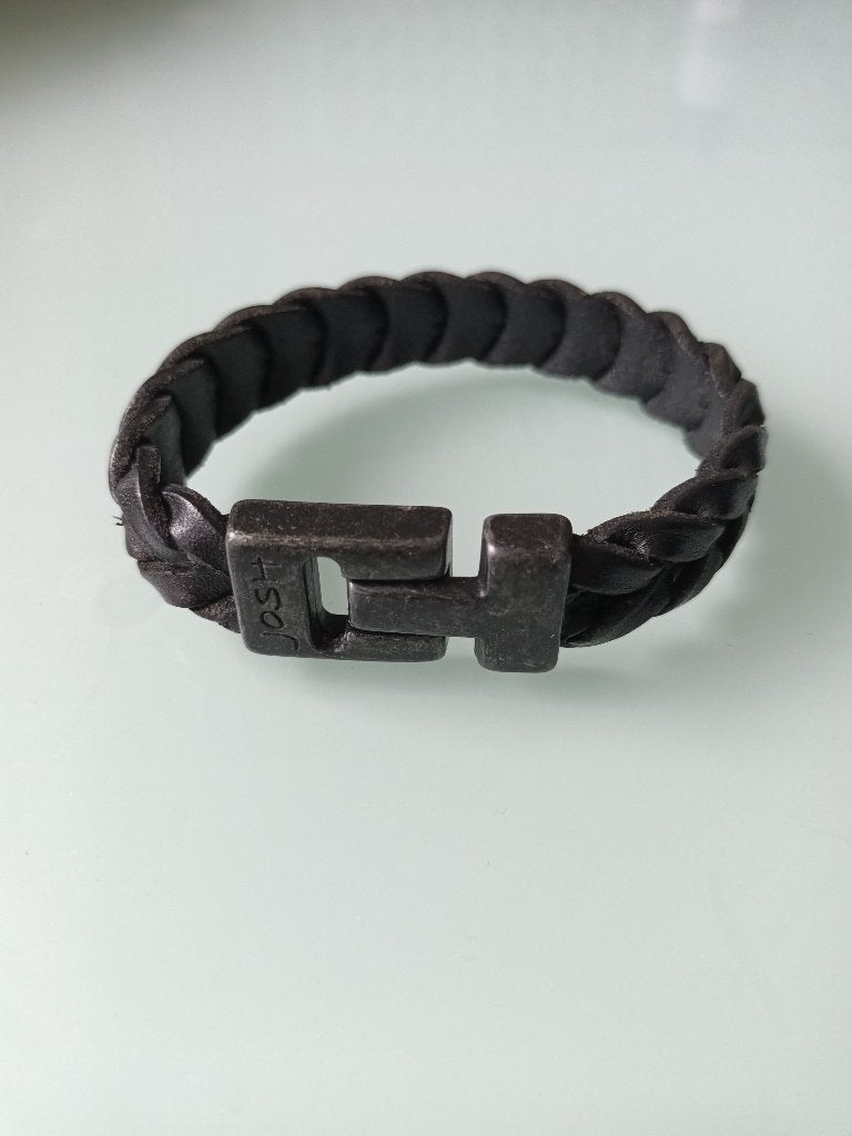 Josh armband zwart leer met vintage metalen sluiting 20,5 cm, Ophalen, Zo goed als nieuw, Zwart, Leer