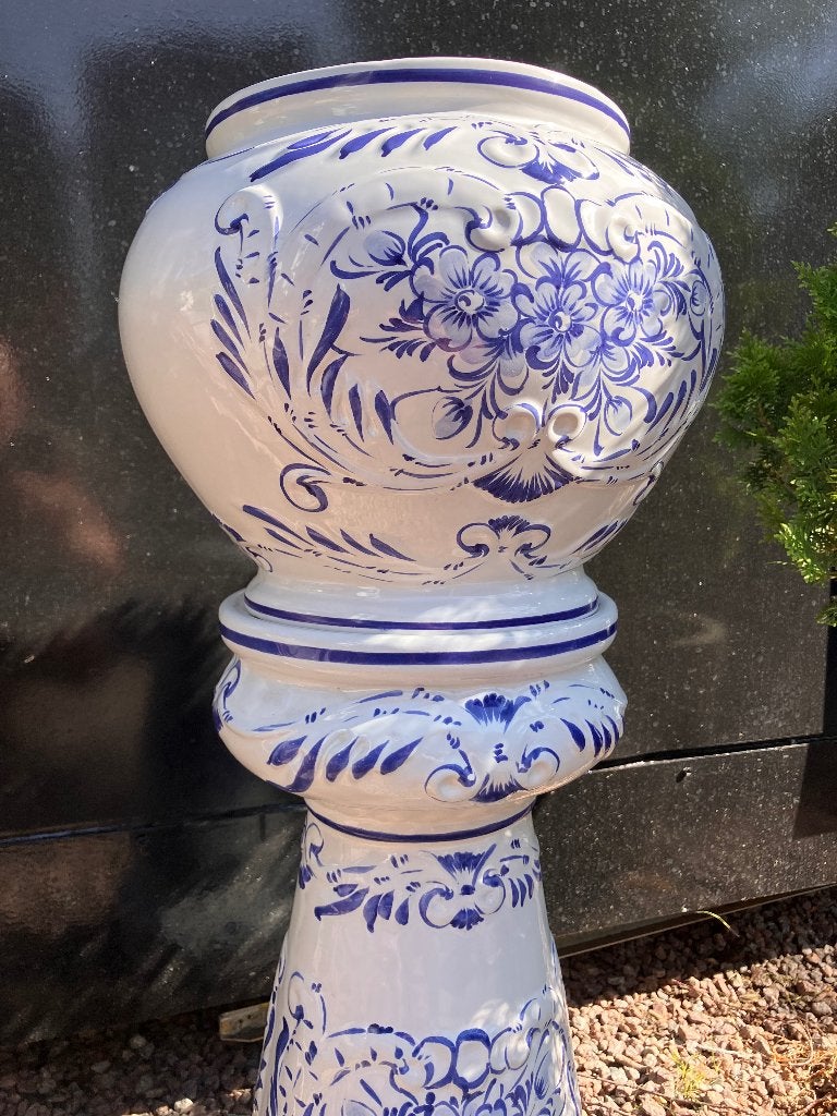 antiek porseleinen bloempot met staander / piédestal, Overige materialen, Rond, Binnen, Zo goed als nieuw