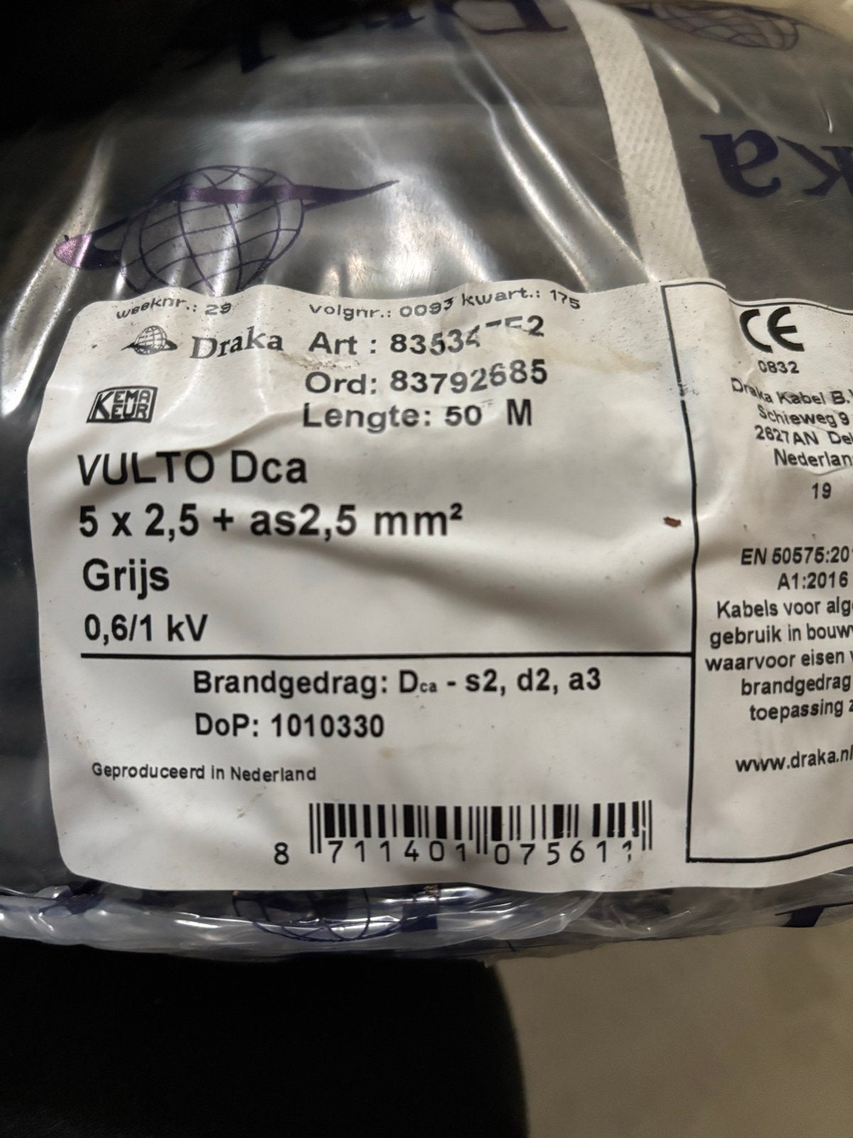 Draka VULTO Dca 5 x 2,5 + as2,5 mm²   grondkabel 50 Meter, Ophalen of Verzenden, Nieuw, Draka, Kabel of Snoer