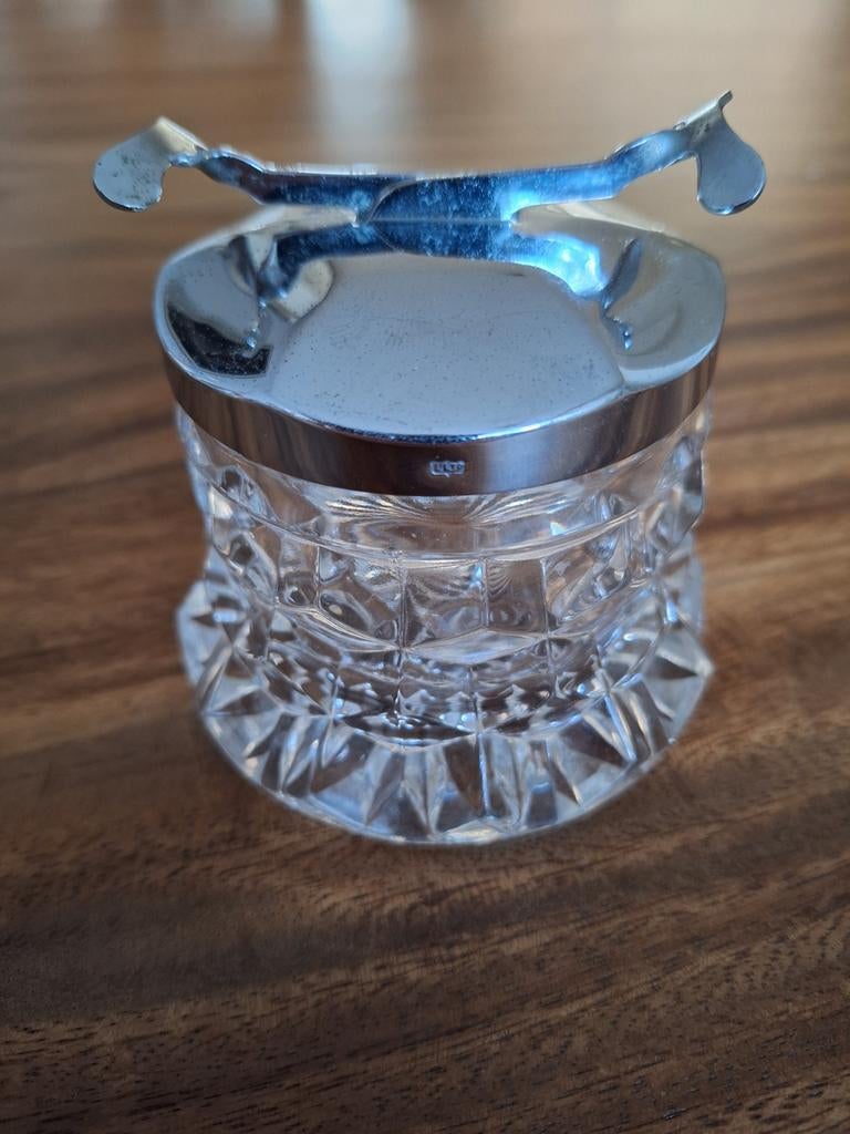 Antieke Kandijpot van geslepen glas met chroom deksel, Antiek en Kunst, Ophalen of Verzenden