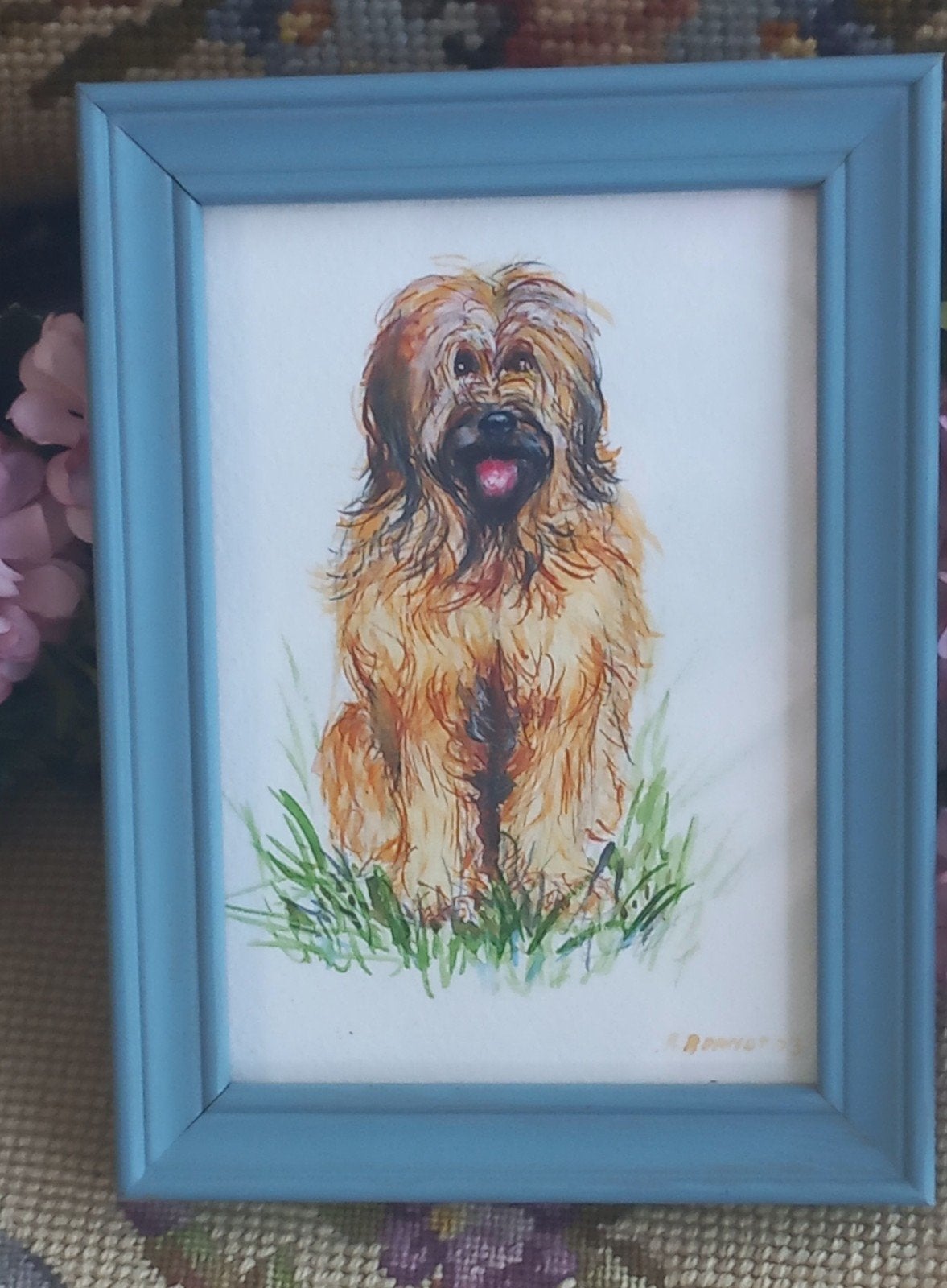 Mooie kleurige aquarel van een hond, blauw lijstje, Ophalen of Verzenden, Zo goed als nieuw, Minder dan 50 cm, Schilderij
