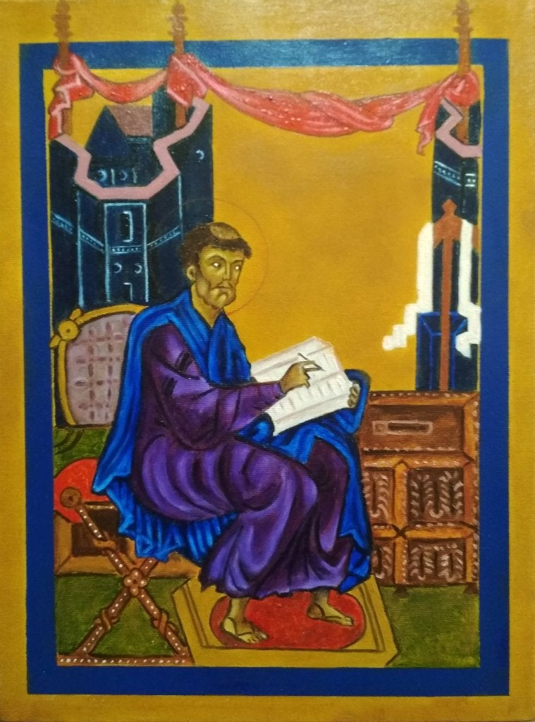 Schilderij – Icoon – Miniatuur van Sint Marcus, Portret of Personen, Olieverf, Klassiek, Origineel werk