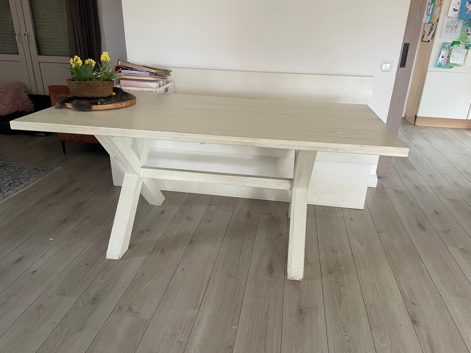 Witte eetkamertafel een eetkamerbank, Zo goed als nieuw, 150 tot 200 cm, Rechthoekig, 50 tot 100 cm