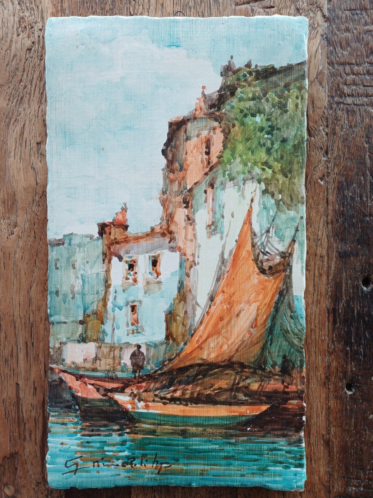 Handbeschilderde Geglazuurde Stenen Plaquette / Schilderij, Antiek en Kunst, Ophalen