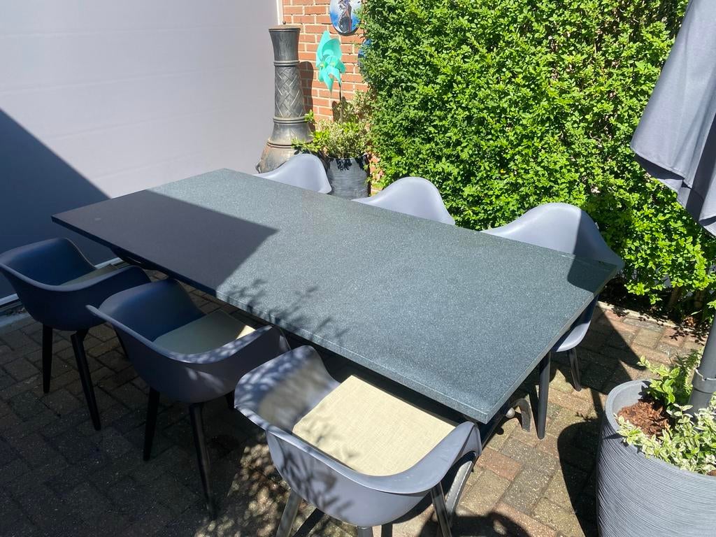 Natuurstenen eettafel voor buiten met 6 stoelen, Ophalen, Zo goed als nieuw, Rechthoekig, Overige materialen