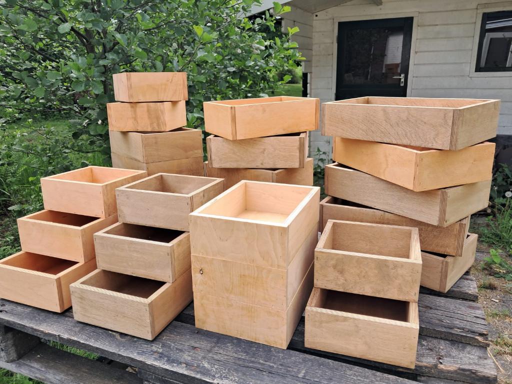 38 houten opbergbakjes van berken multiplex, Minder dan 50 cm, Nieuw, Minder dan 50 cm, Ophalen of Verzenden