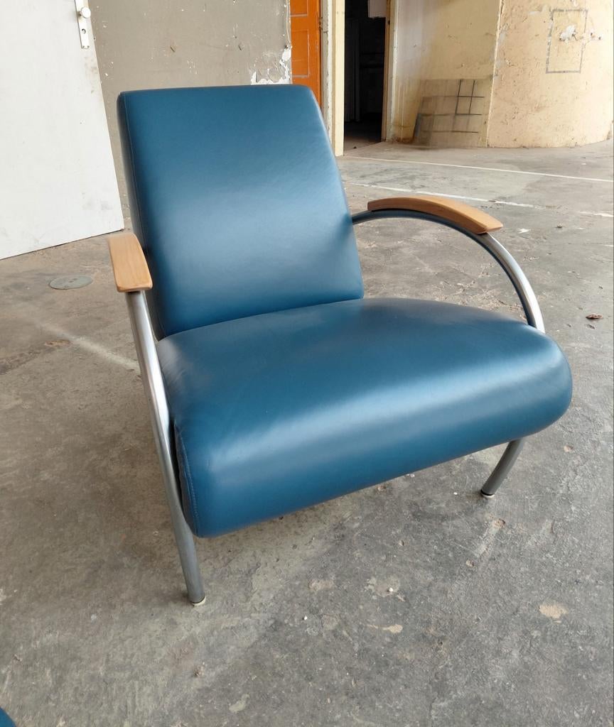 Gelderland 5470 | Fauteuil | Blauw leer vintage, Huis en Inrichting, Fauteuils, Gebruikt, Info@andriesign.nl, Ophalen of Verzenden
