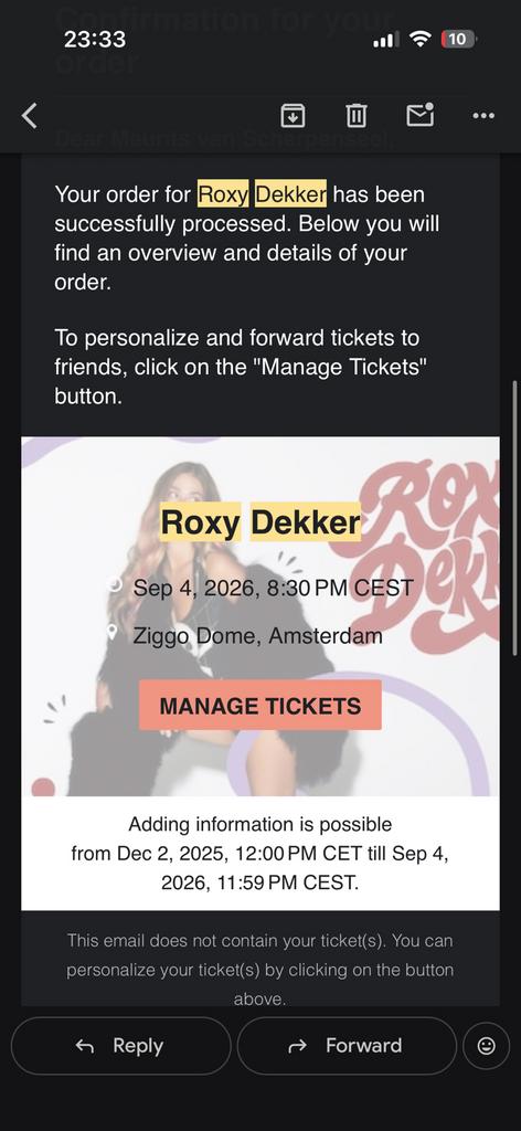 1 zitplek voor Roxy Dekker in Ziggo Dome 4 september, Eén persoon