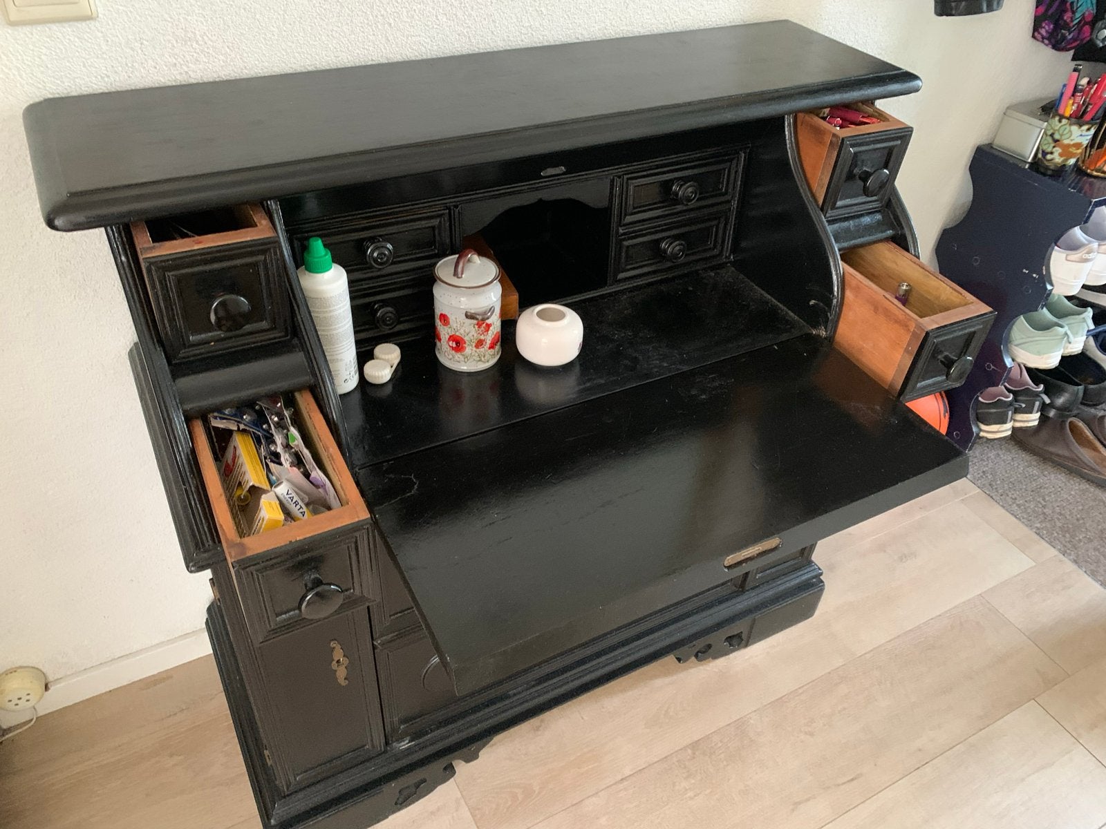 Antiek zwart secretaire bureau met lades, Ophalen
