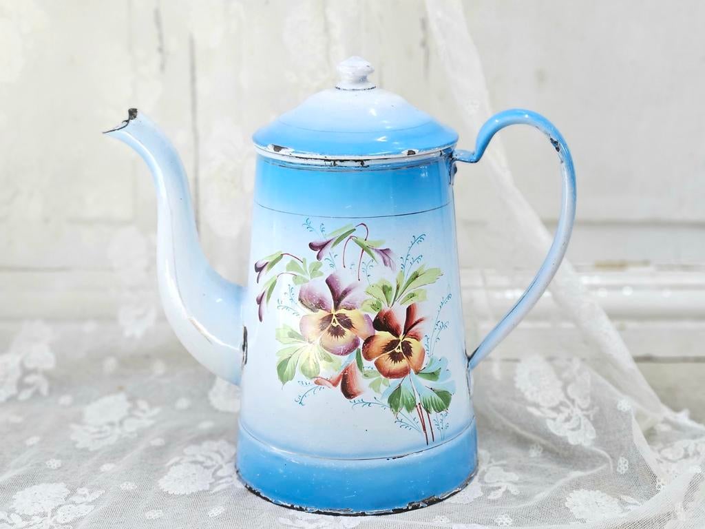 Franse koffiepot met violen, Ophalen of Verzenden