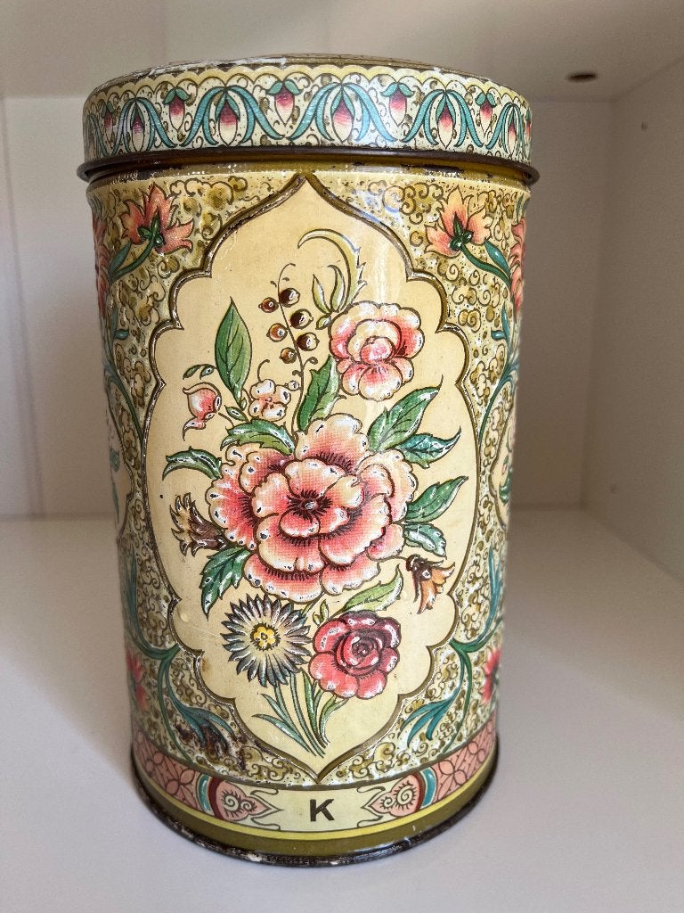Antiek blik / voorraadbus met bloemen Verblifa, Verzamelen, Ophalen of Verzenden, Gebruikt, Overige, Overige merken