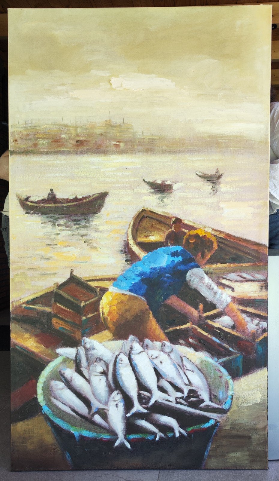 Schilderij "Visser" Olie/doek 90x160cm zelf op te spannen, Ophalen