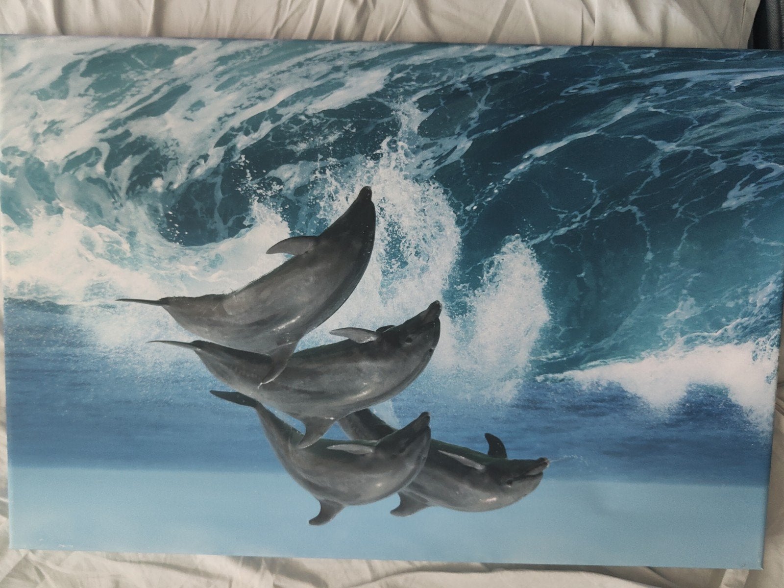 Schilderij met dolfijnen en golven, Ophalen, Op houten frame, Dieren, Print