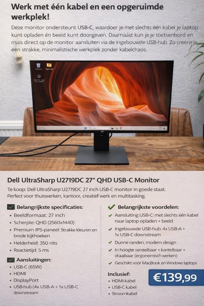 🖥️Dell U2719DC 27” QHD IPS USB-C Monitor | met garantie✅, Computers en Software, Monitoren, IPS, Dell, In hoogte verstelbaar