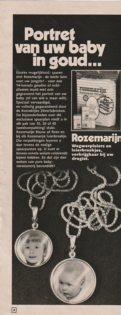 Retro reclame 1972 Rozemarijn baby luiers nu ketting cadeau, Verzamelen, Retro, Verzenden, Overige typen
