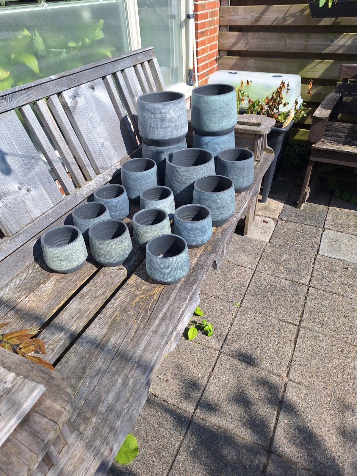 Set van 16 grijze/blauwe groene bloempotten, Gebruikt, Rond, Binnen, Ophalen of Verzenden